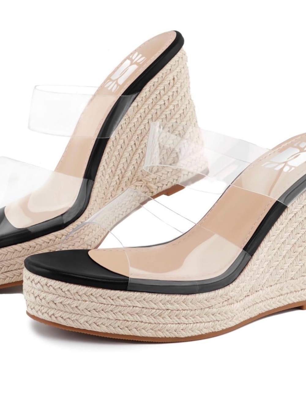 Clear Strap Espadrille Wedge Sandals - Black/Cream